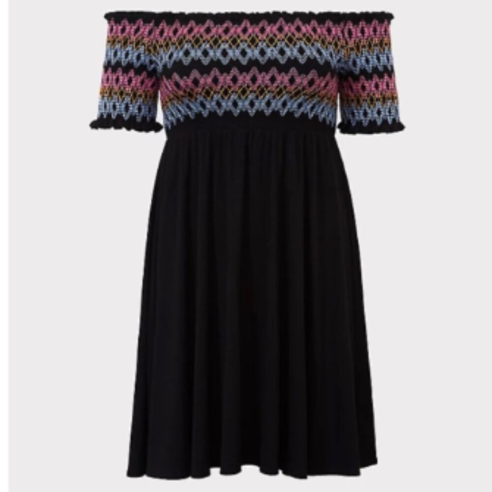 Torrid Black Embroidered Jersey Off Shoulder Skater Dress